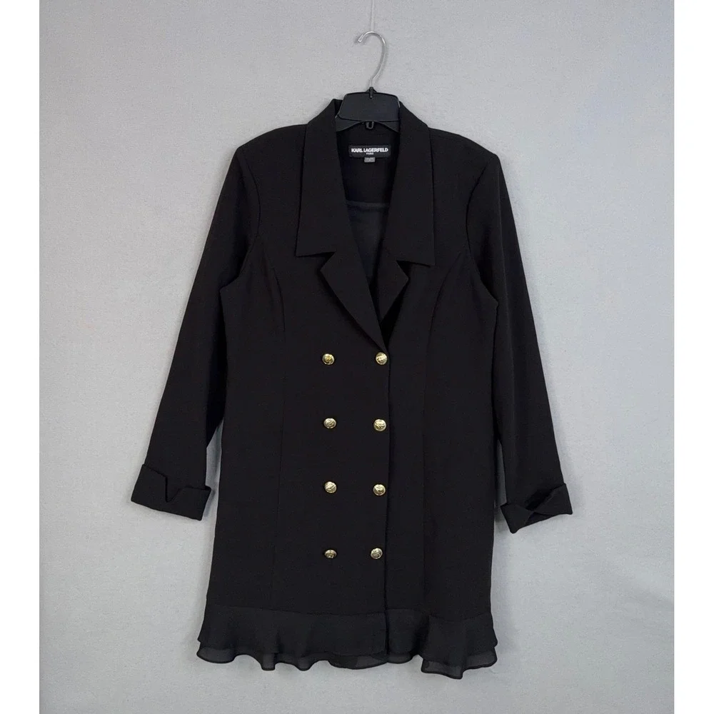 Karl Lagerfeld Blazer Dress Womens 16 Black Ruffle Hem Double Breasted Career